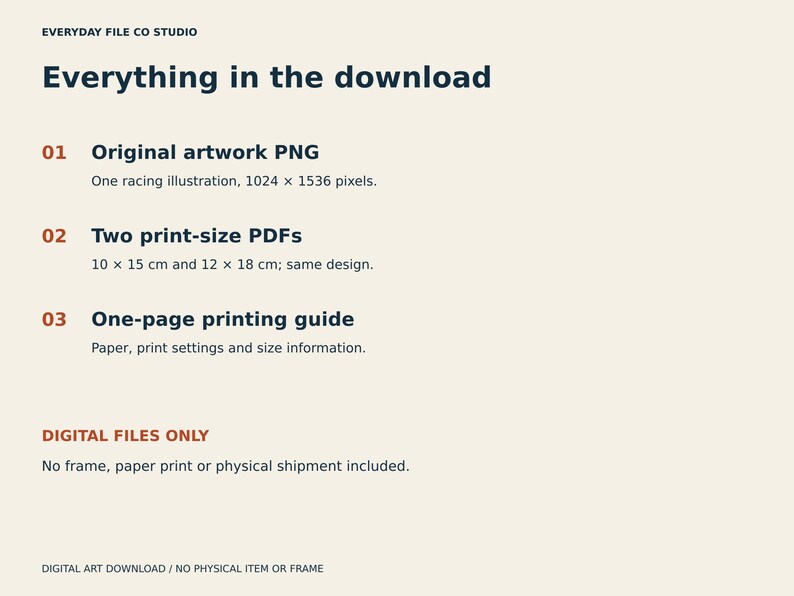 May include: A digital download information graphic titled Everyday File Co Studio Everything in the download. It lists an original artwork PNG, two print-size PDFs at 10 x 15 cm and 12 x 18 cm, and a one-page printing guide. Digital files only.
