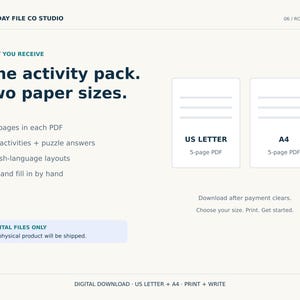 May include: A digital activity pack featuring text that reads: Everyday File Co Studio, Road Trip Fun, What You Receive, One activity pack. Two paper sizes. Five pages in each PDF, Four activities + puzzle answers, US Letter, A4, and Digital Files Only.