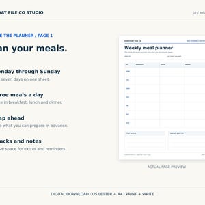 May include: A white weekly meal planner page with blue text and grid lines. The layout includes columns for breakfast, lunch, and dinner for Monday through Sunday, plus sections for prep ahead, snacks, and notes. Text includes Everyday File Co.