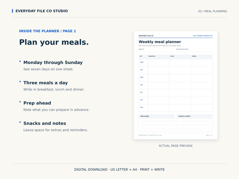 May include: A white weekly meal planner page with blue text and grid lines. The layout includes columns for breakfast, lunch, and dinner for Monday through Sunday, plus sections for prep ahead, snacks, and notes. Text includes Everyday File Co.