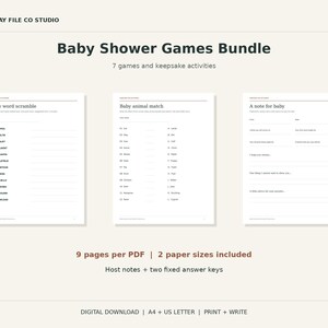 Baby Shower Games Printable Bundle, 7 Neutral Activities and Answer Keys