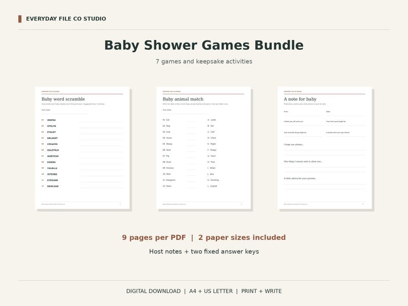 Baby Shower Games Printable Bundle, 7 Neutral Activities and Answer Keys