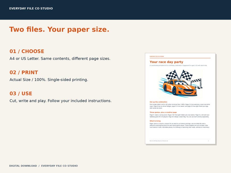 Race Car Birthday Party Printables, Games, Signs, Driver Badges and Favor Tags, Orange Racing Party Kit, PDF Download