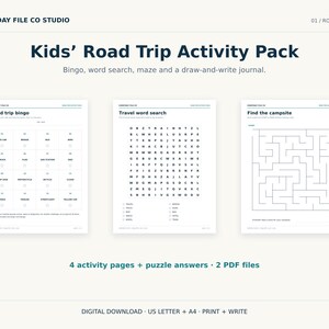 May include: A digital Kids' Road Trip Activity Pack featuring three printable pages: Road trip bingo, Travel word search, and Find the campsite maze. The set includes 4 activity pages, puzzle answers, and 2 PDF files in US Letter and A4 sizes.