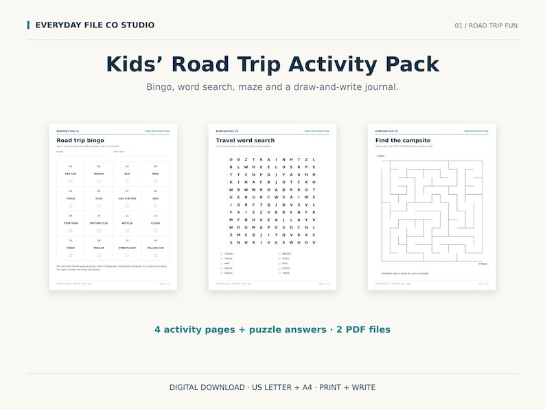 May include: A digital Kids' Road Trip Activity Pack featuring three printable pages: Road trip bingo, Travel word search, and Find the campsite maze. The set includes 4 activity pages, puzzle answers, and 2 PDF files in US Letter and A4 sizes.