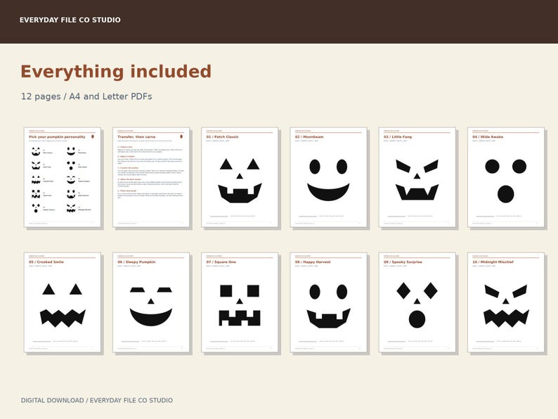 Pumpkin Carving Stencils Printable, 10 Jack O Lantern Face Templates with Transfer Guide, Halloween PDF Download