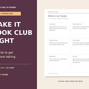 Book Club Printable Kit, 18 Conversation Cards, Reading Bingo and Bookmarks