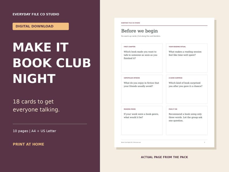Book Club Printable Kit, 18 Conversation Cards, Reading Bingo and Bookmarks