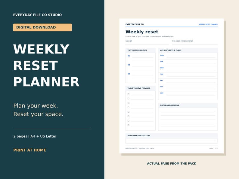 Weekly Reset Planner Printable PDF, Undated Weekly Schedule and Home Reset