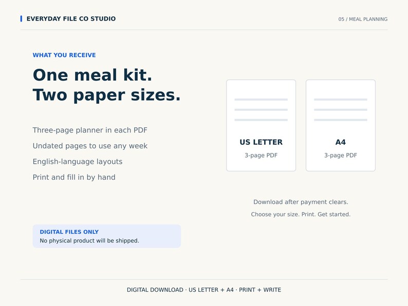 May include: A digital meal planning kit featuring a three-page planner in US Letter and A4 sizes. The text reads: Everyday File Co Studio, Meal Planning, What You Receive, One meal kit. Two paper sizes, US Letter, A4, Digital Files Only.