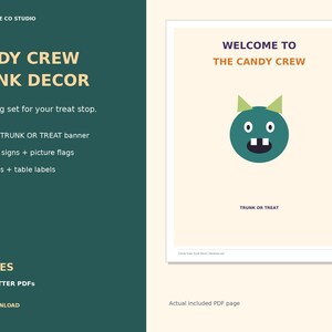 Candy Crew Trunk or Treat Decorations, Banner, 6 Signs and Tags (Printable PDF)