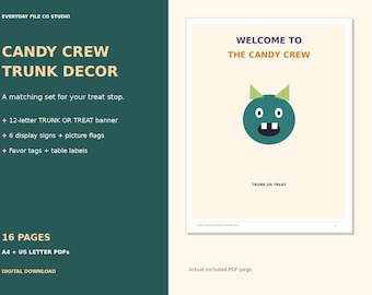 Decorazioni per la festa di Halloween a tema Candy Crew: striscione, 6 cartelli e etichette (PDF stampabile)