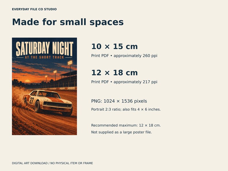 May include: A digital art download featuring a race car on a dirt track at sunset with the text Saturday Night at the Short Track. Specifications include 10 x 15 cm and 12 x 18 cm print PDFs, a 1024 x 1536 pixel PNG, and a 4 x 6 inch fit.