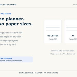 May include: A digital weekly planner file set featuring the text Everyday File Co Studio and Weekly Reset. The document includes two PDF layouts in US Letter and A4 sizes, designed for printing and manual entry. It is a digital download product.