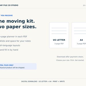 Może przedstawiać: Cyfrowy zestaw do przeprowadzki z tekstem One moving kit. Two paper sizes. Zawiera dwa trzystronicowe układy PDF w formatach US Letter i A4, z listami kontrolnymi i miejscem na notatki w języku angielskim do wydrukowania i ręcznego wypełnienia.