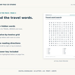 May include: A digital activity sheet titled Travel word search featuring a twelve-by-twelve grid of letters for finding ten hidden words. The page includes a list of words to locate, instructions for reading directions, and a note about an answer key.