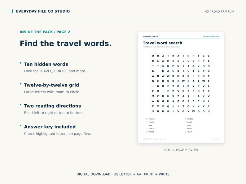 May include: A digital activity sheet titled Travel word search featuring a twelve-by-twelve grid of letters for finding ten hidden words. The page includes a list of words to locate, instructions for reading directions, and a note about an answer key.