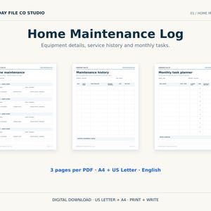 May include: A digital home maintenance log template set featuring three pages titled Home Maintenance, Maintenance history, and Monthly task planner. The documents include fields for equipment details, service history, and monthly tasks in English.