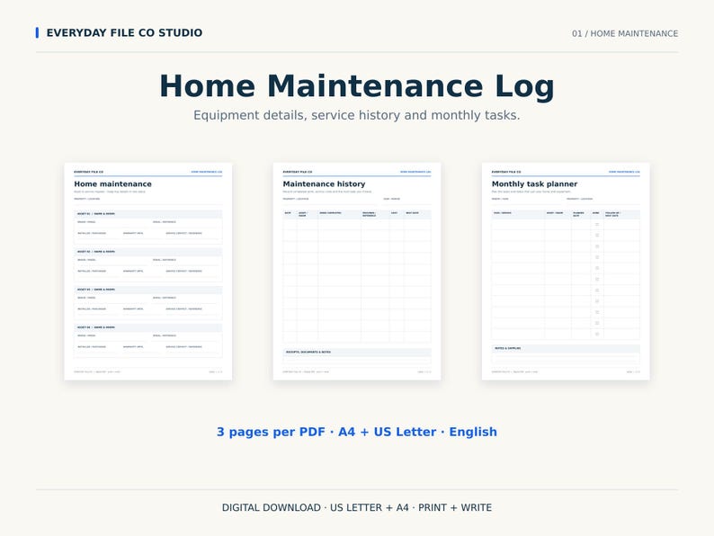 May include: A digital home maintenance log template set featuring three pages titled Home Maintenance, Maintenance history, and Monthly task planner. The documents include fields for equipment details, service history, and monthly tasks in English.