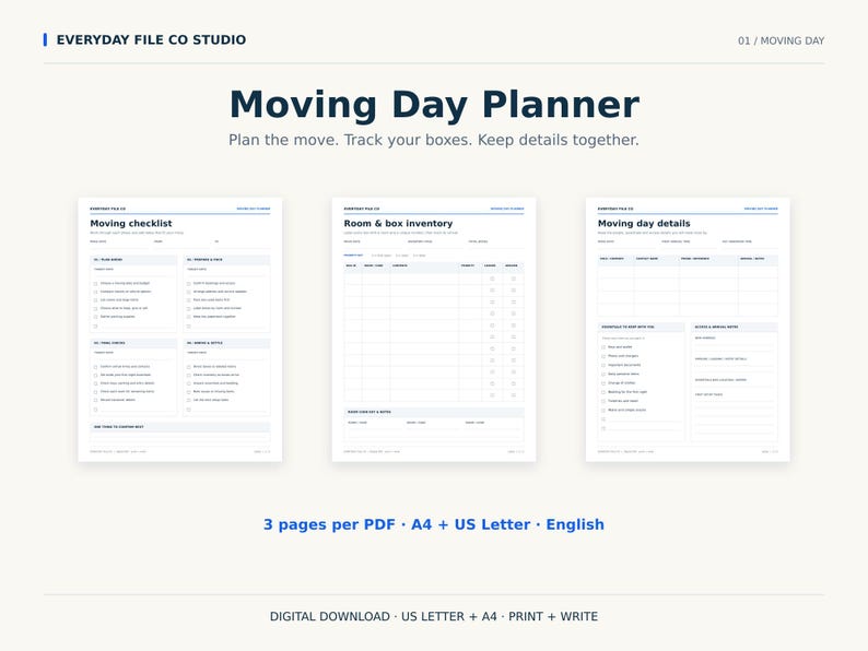 Może przedstawiać: Cyfrowy planer przeprowadzek z trzema stronami zatytułowanymi Moving checklist, Room & box inventory oraz Moving day details. Białe strony zawierają ciemnoniebieski tekst, uporządkowane sekcje i pola wyboru. Zawiera 3 strony na plik PDF w formatach A4 i US Letter.