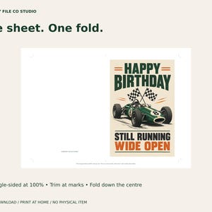 Racing Birthday Card Printable, Still Running Wide Open, Retro Race Car Greeting Card, Blank Inside, Digital Download