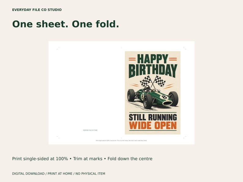 Racing Birthday Card Printable, Still Running Wide Open, Retro Race Car Greeting Card, Blank Inside, Digital Download
