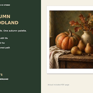 Autumn Woodland Wall Art Set of 3, Fox, Pumpkin Still Life and Golden Forest Prints, Fall Decor Digital Download