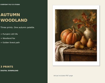 Set di stampe autunnali a tema bosco: volpe, natura morta con zucca, foresta dorata (download digitale)