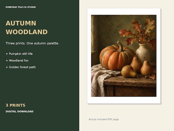 Autumn Woodland Print Set: Fox, Pumpkin Still Life, Golden Forest (Digital Download) product preview