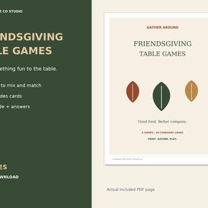 Friendsgiving Games Printable Bundle, 6 Thanksgiving Table Games with 36 Charades Cards and Answers, A4 & Letter PDF
