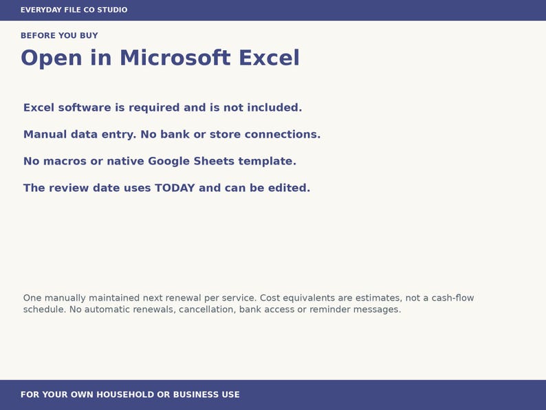 Subscription Tracker Excel Spreadsheet, Recurring Cost Calculator and Renewal Date Organizer