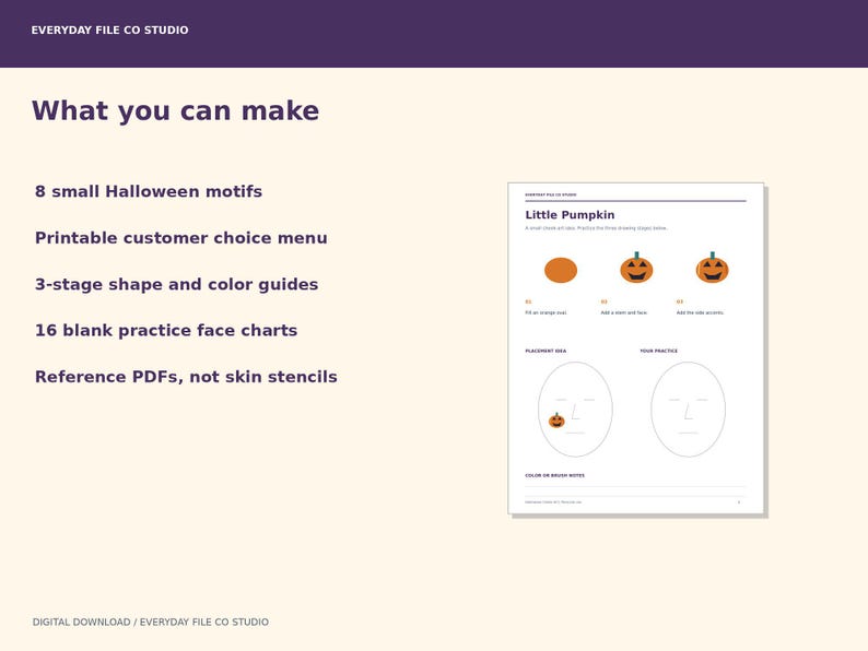 Halloween Face Paint Practice Pack, 8 Cheek Designs, Menu and Face Charts (PDF)