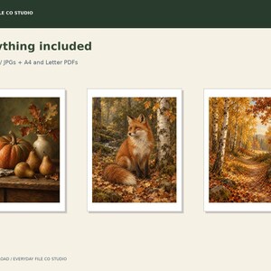 Autumn Woodland Wall Art Set of 3, Fox, Pumpkin Still Life and Golden Forest Prints, Fall Decor Digital Download