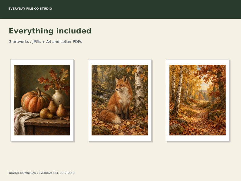 Autumn Woodland Wall Art Set of 3, Fox, Pumpkin Still Life and Golden Forest Prints, Fall Decor Digital Download