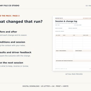 May include: A digital download document titled Session & change log from Everyday File Co Studio. The page features sections for date, track, driver, and vehicle number, with a table for tracking changes, results, driver feedback, and future plans.