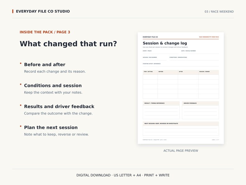 May include: A digital download document titled Session & change log from Everyday File Co Studio. The page features sections for date, track, driver, and vehicle number, with a table for tracking changes, results, driver feedback, and future plans.