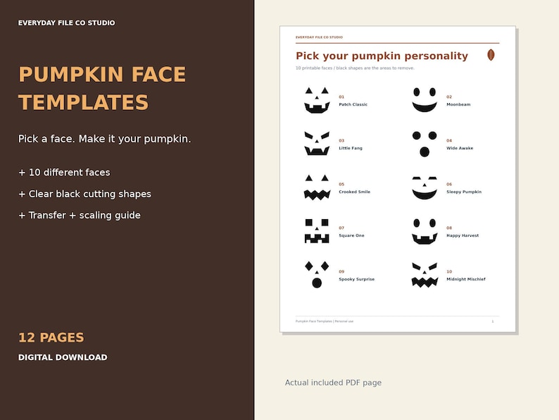 Pumpkin Carving Stencils Printable, 10 Jack O Lantern Face Templates with Transfer Guide, Halloween PDF Download