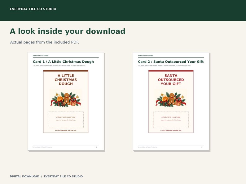 Printable Christmas Money Gift Cards, 8 Funny Cash Card Designs with Paper Pockets and Gift Tags, A4 & Letter PDF