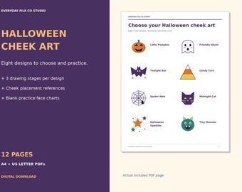 Kit di prova per il trucco di Halloween, 8 disegni per le guance, menu e schemi per il viso (PDF)