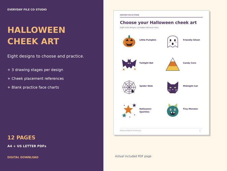 Halloween Face Paint Practice Pack, 8 Cheek Designs, Menu and Face Charts (PDF)