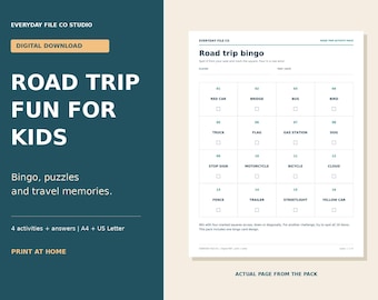 Pacchetto di attività stampabili per bambini a tema viaggio in auto: bingo da viaggio, ricerca di parole e labirinto.