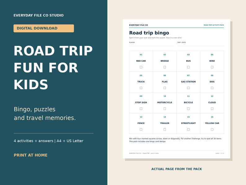 Kids Road Trip Activity Pack Printable, Travel Bingo, Word Search and Maze