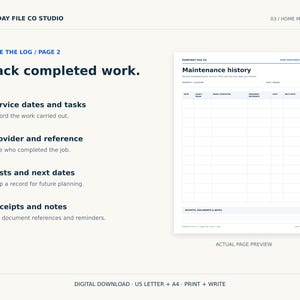 May include: A digital home maintenance log template featuring a maintenance history table with columns for date, task, provider, cost, and next date. The document includes sections for receipts, documents, and notes, with text headers reading Everyday File Co.