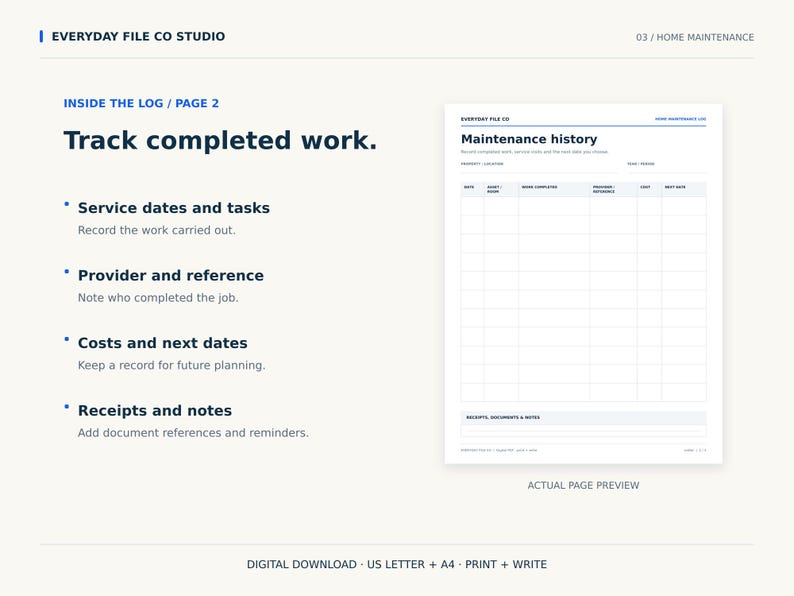 May include: A digital home maintenance log template featuring a maintenance history table with columns for date, task, provider, cost, and next date. The document includes sections for receipts, documents, and notes, with text headers reading Everyday File Co.