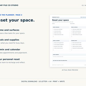 May include: A digital planner page titled Reset your space with sections for Home and surfaces, Meals and supplies, Admin and calendar, and Your personal reset. The layout includes checkboxes for tasks and a section for Carry forward notes.