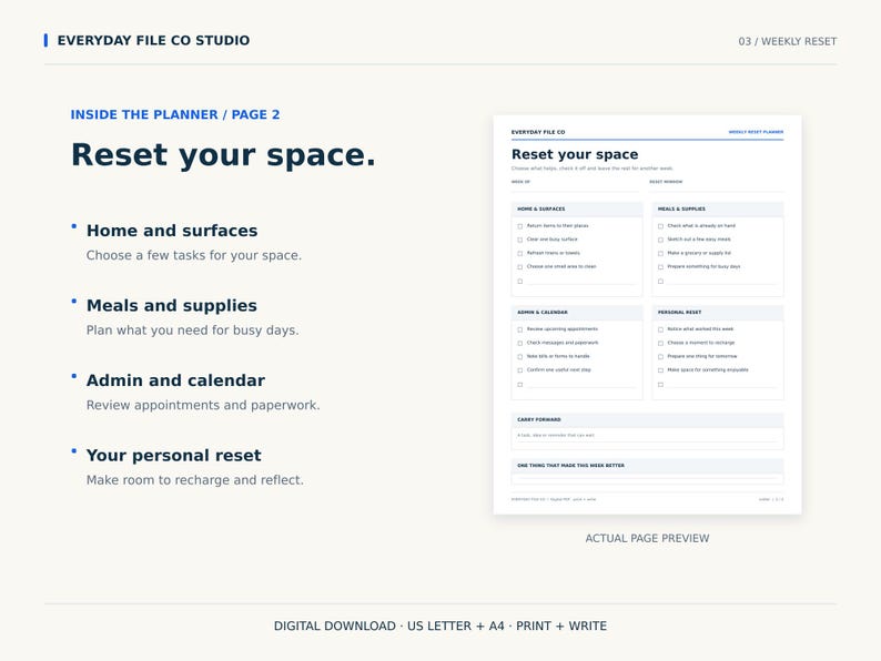 May include: A digital planner page titled Reset your space with sections for Home and surfaces, Meals and supplies, Admin and calendar, and Your personal reset. The layout includes checkboxes for tasks and a section for Carry forward notes.