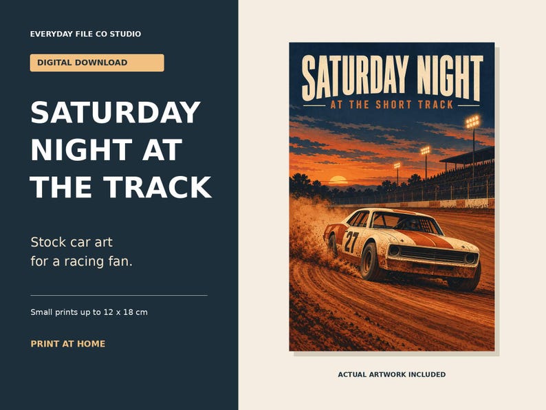 Retro Dirt Track Racing Art Printable, Stock Car Small Print, PDF and PNG