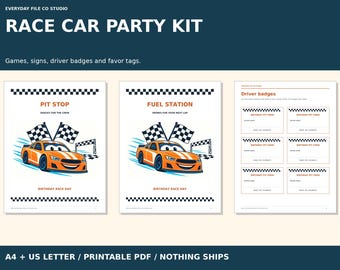 Kit per festa di compleanno a tema auto da corsa arancione: giochi, cartelli e distintivi (PDF stampabile)