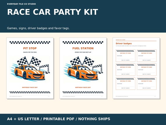 Orange Race Car Birthday Party Kit, Games, Signs and Badges (Printable PDF) product preview