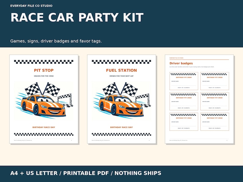 Orange Race Car Birthday Party Kit, Games, Signs and Badges (Printable PDF)